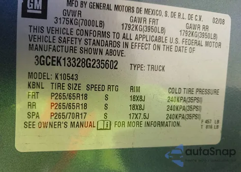 2008 Chevrolet Silverado 1500 Lt2 from USA, damaged, VIN 3GCEK13328G235602